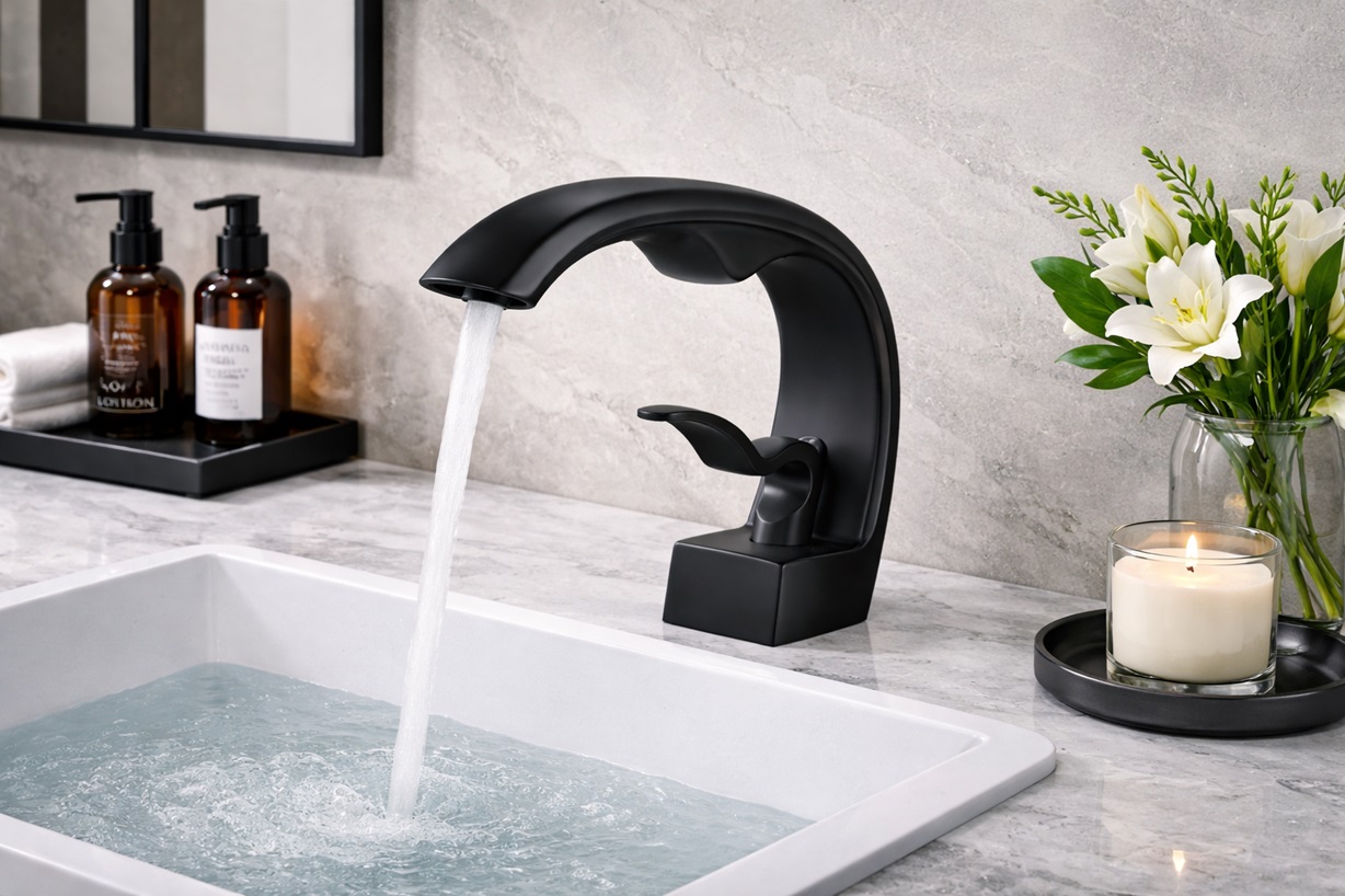 Matte black single-handle basin faucet in a minimalist bathroom setting